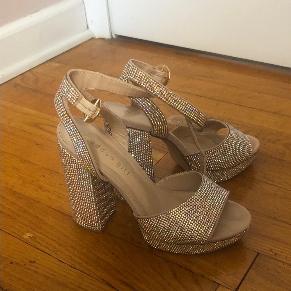 Qupid Nude/Champagne Rhinestone Platform Sandals